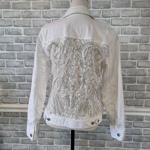 Suzy T Designs Sequin Mesh Back Jacket White Cotton Demin Med Glam Western USA